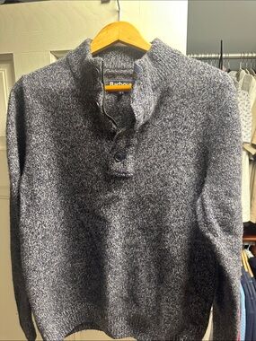 Barbour Men's Marled Navy Zip-Up Button-Neck Sweater Large